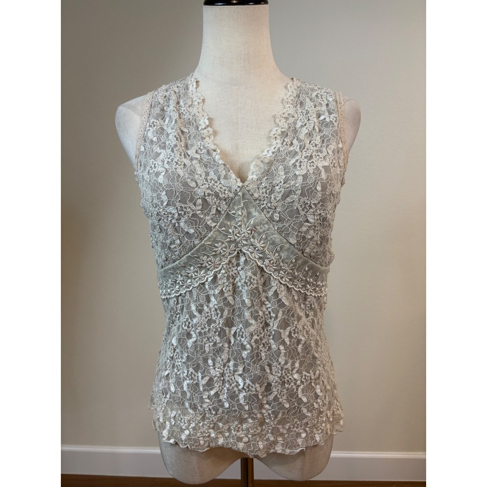 Vtg Y2K Babydoll Top M Gray Lace Embroidered Sleeveless Coquette going out cute